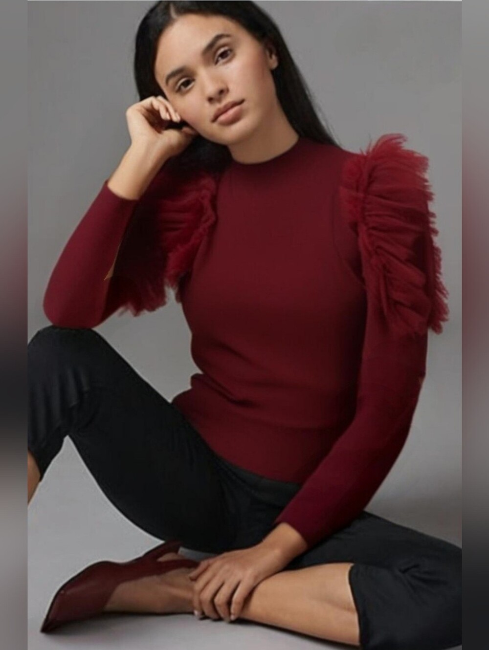 Anthropologie Entro Ruffled Sleeve Burgundy Mock Neck Top